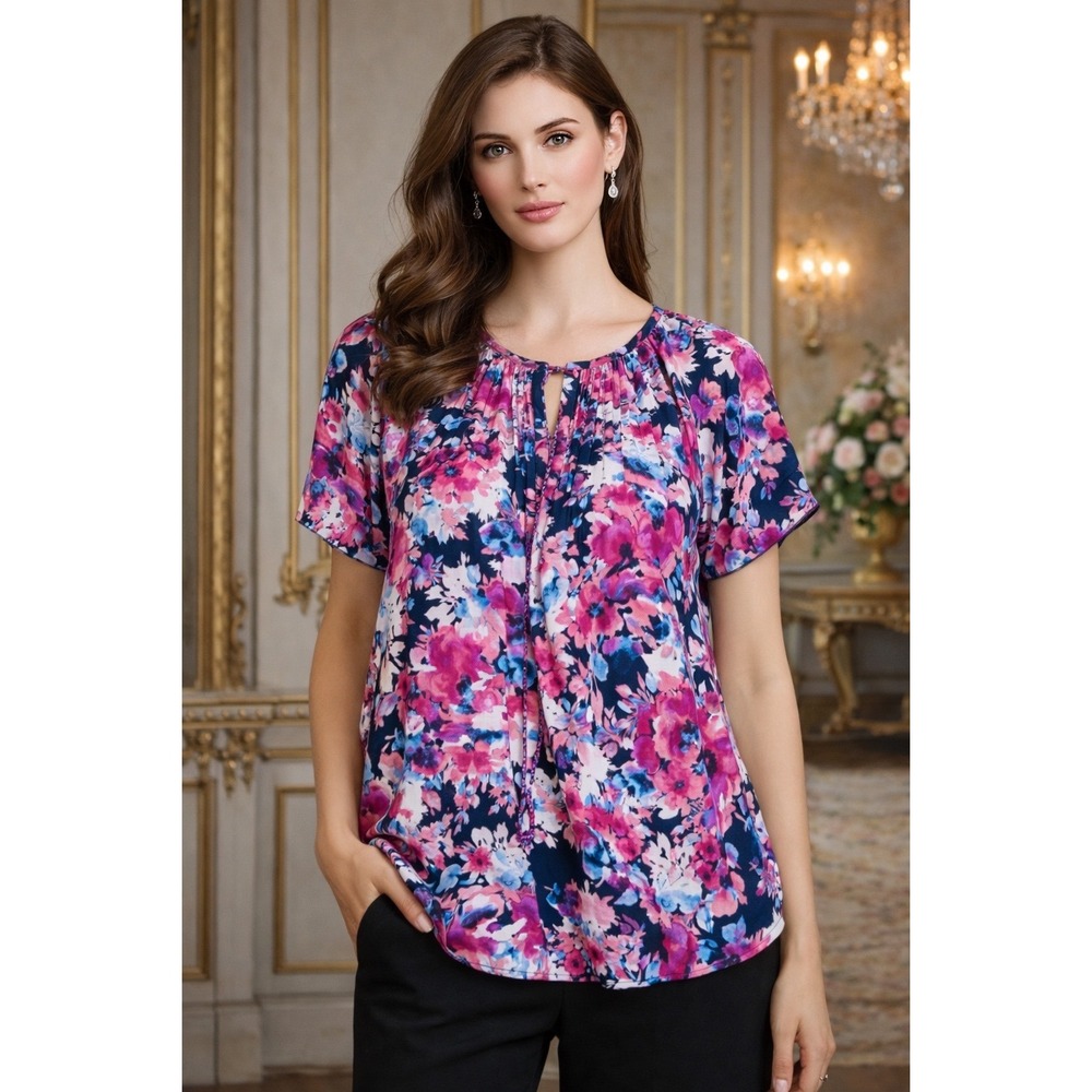 Roz & Ali Floral Tunic Blouse SZ 1X Flowy Resort‎ Aloha Fairy
